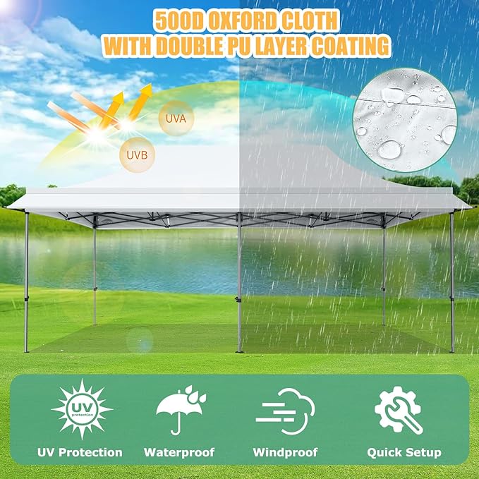 COBIZI 10x20 Pop Up Canopy Tent with Awning,Heavy Duty Canopy UPF 50+ All Season Wind Waterproof Commercial Outdoor Street Vendors Party Tents for Parties Canopy with Roller Bag(10 x 20 ft White)