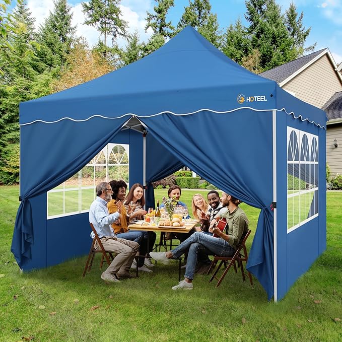 HOTEEL Canopy Tent 10x10 Pop Up Canopy with 4 Removable Sidewalls, Sandbags, Stakes & Ropes, UPF 50+ Easy Setup Canopy Tent Waterproof Outdoor Instant Portable Shelter for Party, Events, Vendor, Blue
