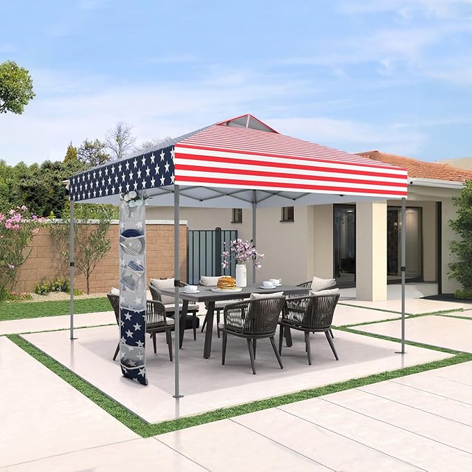 GREEN PARTY 10x10 ft Pop Up Canopy Tent, 1-Person Setup Instant Outdoor Canopy with Vented Top, Wheeled Carry Bag, 4 Ropes & 4 Sandbag -American Flag
