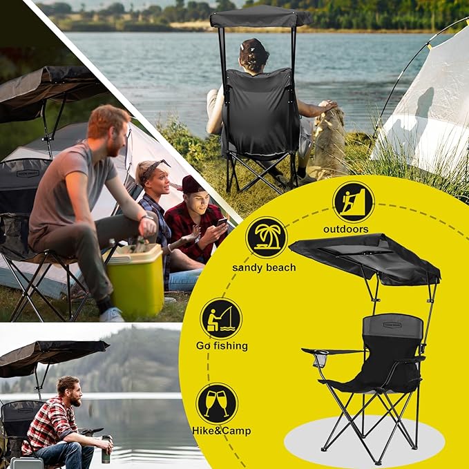 YOUNG WOOD Portable Camping Chair Beach Chair with Shade Canopy, Fold Lightweight Oversized for All, Easy to Open and Close Without Installation, Side Pocket Design for All Outdoor Activities,Black
