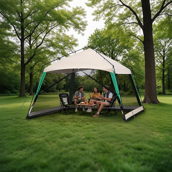 12 x 12 FT Camping Screen Tent for 8-10 Person, Easy Setup Screen House with UV 50+ Sun Protection & Mosquito Net for Camping, Backyard, Picnic, Patio Outdoor Beige & Cyan