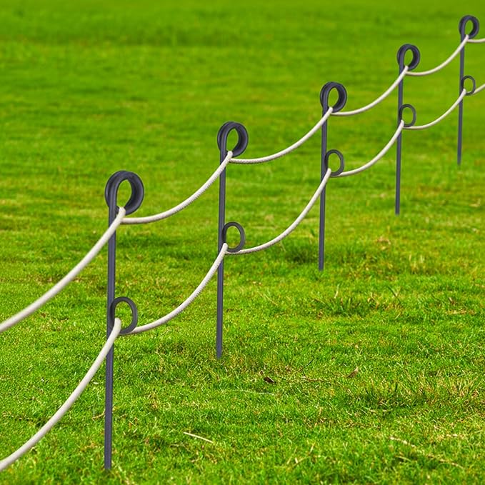 6 Pcs 42'' Double Rope Poles/Stakes Black Steel Stakes with Loop Fence Poles for Creating a Rope Border Around Flower Beds, Trees, Garden, Walkways