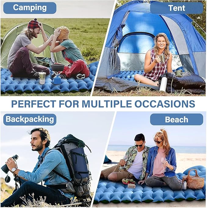 Camping Sleeping Pad, Ultralight Camping Mat with Pillow, Built-in Foot Pump Inflatable Sleeping Pads Compact for Camping Backpacking Hiking Traveling Tent,Double, Blue.