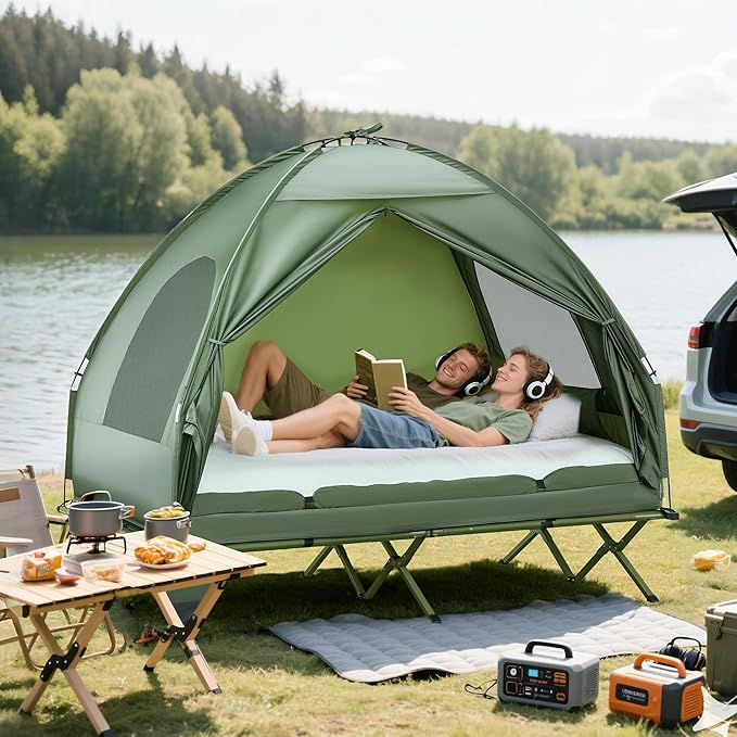 Outsunny Camping Tent Cot, Folding Tent Cot Combo with Mattress, Pillow, Sleeping Bag, Roller Carrying Bag, Off Ground Travel Camp Cot for Hiking, Backpacking