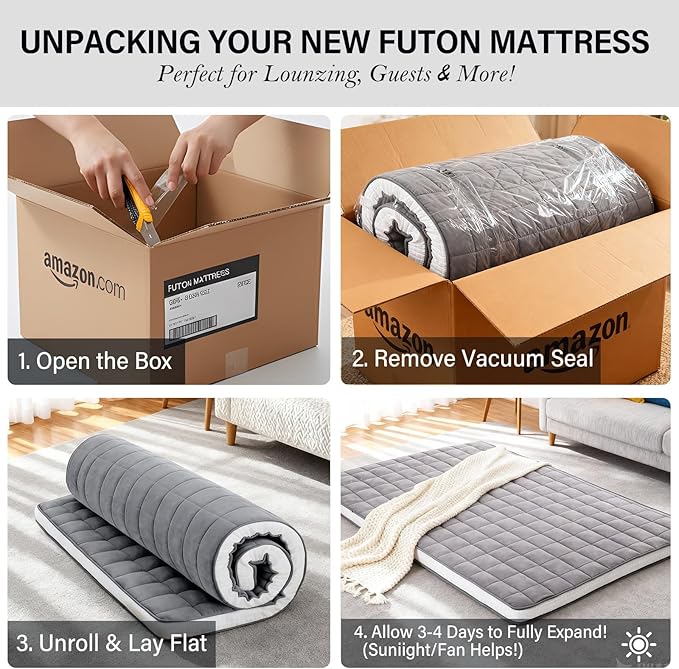 Tiita Japanese Floor Mattress Futon Mattress 4” Thick Folding Roll Up Sleeping Pad with Bag & Strap, Bed Topper Mat for Guest, Lounger and Travel, Grey,Full Size