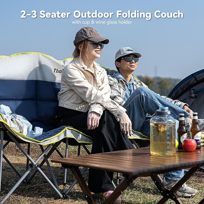 Double Camping Chair – 2-3 Person Outdoor Folding Sofa with Cup & Wine Glass Holders – Oversized Loveseat Camping Couch for Campfire, RV, Backyard – Supports Up to 660 lbs