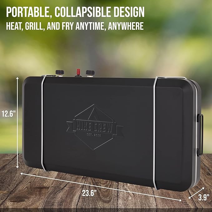 Hike Crew 2-in-1 Gas Camping Stove and Griddle, Portable Propane Burner w/Integrated Igniter & Stainless Drip Tray | Built-in Carrying Handle, Foldable Legs & Wind Panels | Includes Regulator