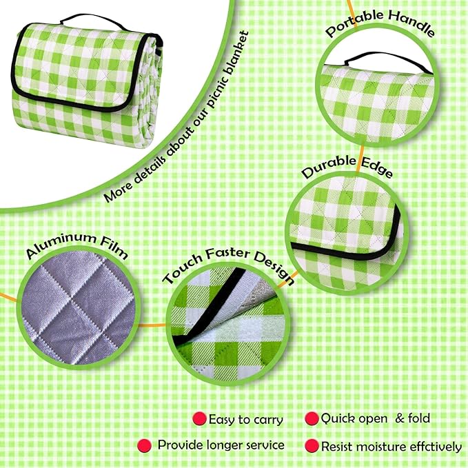 Picnic Camping Blankets, 3 Layers Thick Soft Gingham Blanket, Large 59X79IN Foldable Waterproof Rug, Portable Outdoor Mat for Beach Grass Hiking Park Travel, Sandproof, Machine Washable-Green