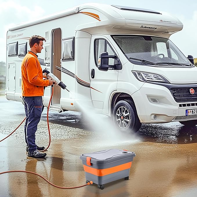 This Hill Collapsible Bucket 5.5 Gallon for Car Washing, Car Wash Bucket with Wheels, Handle, Drain Plug and Water Outlet, Foldable for Mop Cleaning, Camping, RV, Pet Bathing and Laundry