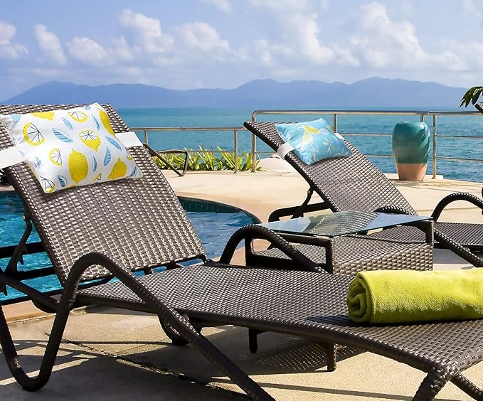 Outdoor Patio Chaise Lounge Small Headrest Waterproof Pillows with Insert & Adjustable Elastic Stripe,Garden Furniture Sofa Office Chair Seat Yellow 2 Pack