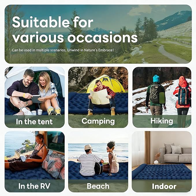SNZ Camping Sleeping Pad, Ultralight Camping Mat with Pillow, Built-in Foot Pump Inflatable Sleeping Pads Compact for Backpacking, Tent, Travel, Outdoor Activities (Double)