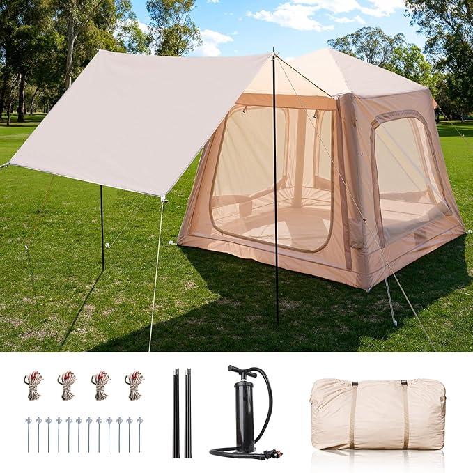 Inflatable Tents for Camping, Blow Up Tent with Hand Pump, Easy Setup Inflatable Hot Tent with Stove Jack, Waterproof Oxford Air Glamping Tents for Camping Adult 4 Person Upgrade Version
