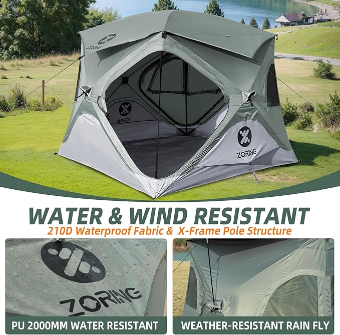 Pop Up Tent for Camping, Instant Cabin Hub Tent 4 Person, Waterproof Hub Shelter with Rainfly & Removable Floor, Easy Setup Windproof Large Family Shelter for Outdoor & Overlanding