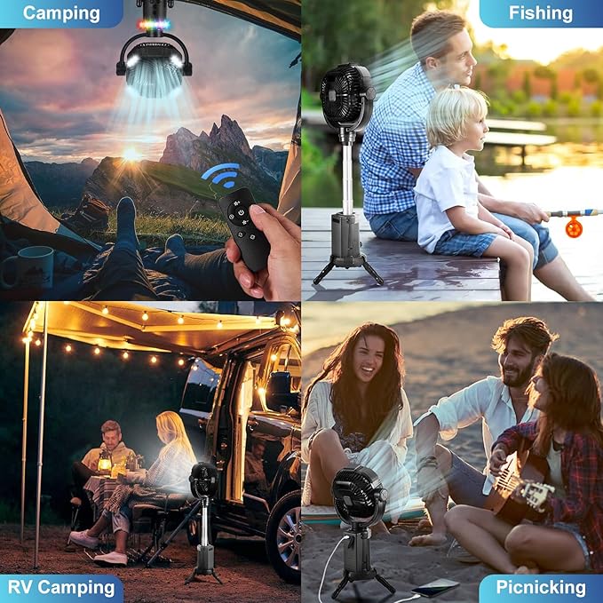 Odoland 20000mAh Camping Fan with Lantern, 360° Oscillation Rechargeable Battery Operated Outdoor Power Fan with Remote, Hook & RGB Light for Camp, Family Travel and Jobsite, Black