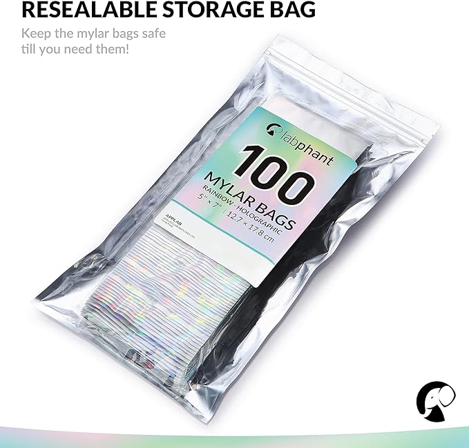 Mylar Bags with Zipper Seal 5 x 7" | 100 Bags | Rainbow Holographic | Sealable Heat Seal Bags for Candy and Food Packaging, Medications and Vitamins | For Liquid and Solids (5" x 7")