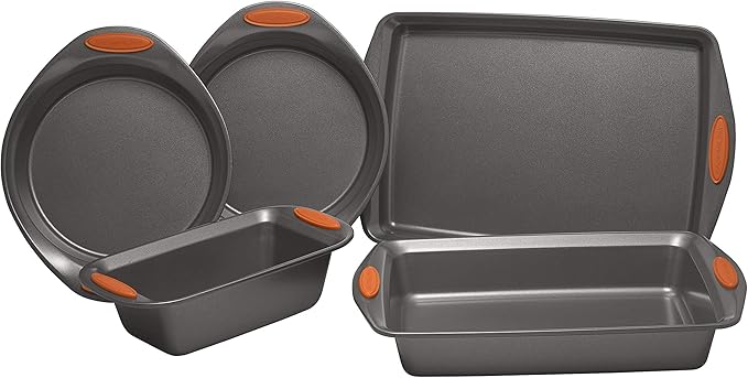 Rachael Ray 55673 Nonstick Bakeware Set with Grips includes Nonstick Bread Pan, Baking Pans and Cake Pans - 5 Piece, Gray with Orange Grips