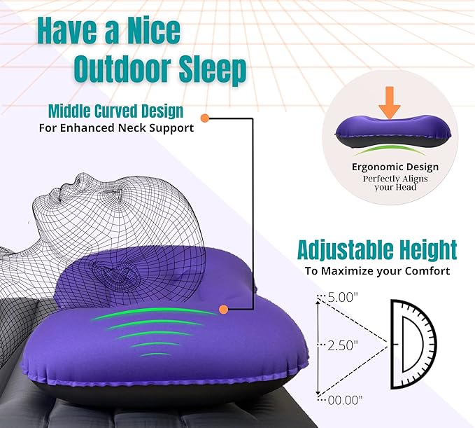 Inflatable Camping and Travel Pillows with Travel Bag- Water-Resistant-Compressible Air Pillow for Neck and Back Support-Packable Pillow for Camping-Hiking and Backpacking-Pack of 2-Purple