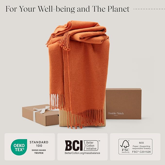 Double Stitch Cashmere Cotton Throw Blanket, 5% Mongolian Cashmere & 95% BCI Cotton Blend Blankets, Fall Elegant Blanket with Fringes, Cozy Warm Blanket for Couch Bed, Orange, 50x60 inches