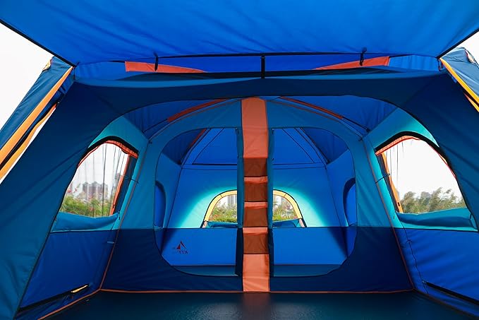 KTT Extra Large Tent 6-10-12-14 Person(A),Family Cabin Tents,2 Rooms,3 Doors and 3 Windows with Mesh,Straight Wall,Waterproof,Double Layer,Big Tent for Outdoor,Picnic,Camping,Family Gathering