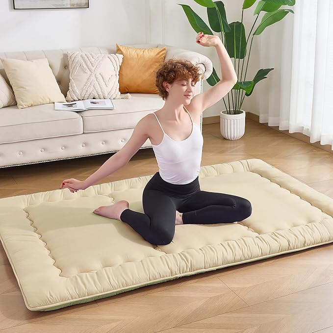 Japanese Floor Futon Mattress Queen Size, 4" Thicken Foldable Mattress Tatami Mat Sleeping Pad, 25D Foam Filled Traditional Shiki Futon (shikibuton), Designed in Japan (Beige 60"x 80")