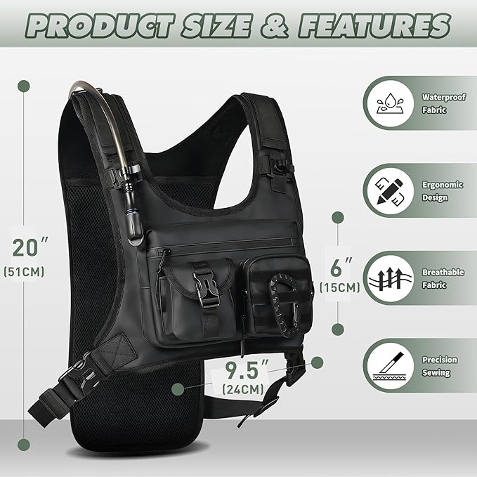 Hydration Running Vest Backpack with 2L Water Bladder - Lightweight & Reflective Chest Pack, Includes Tactical Gun Holster & Free Carabiner for Hiking, Running, Cycling, Marathon (Men & Women)