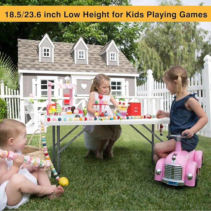 SKOK 330lbs Folding Picnic Table 4/6/8 Foot Adjustable Height, 4/6/8FT Plastic Table Portable w/Handle, Utility Commercial Craft Sewing Card Table w/Heavy Duty Frame for Party Events