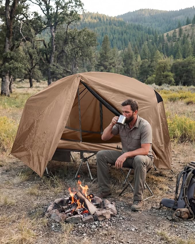 Gonex Camping Tent Cot for Adults, 1-Person Off-Ground Folding Portable Easy Set-up Tent Cot Combo Supports 350lbs for Hiking, Backpacking, Car & Motorcycle Camping(31.5" W X 78.7" L)-Khaki