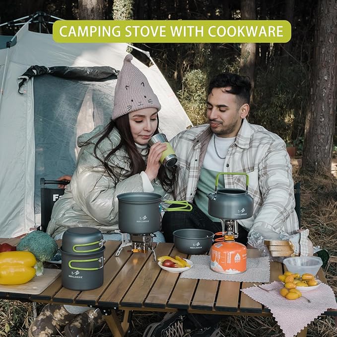 Camping Cookware Mess Kit, 16 pcs Backpacking Cooking Set, Lightweight Camping Pots and Stove Set for 1-2 Person, Outdoor Cooking Gear Ideal for Camping, Hiking, Backpacking and Picnic