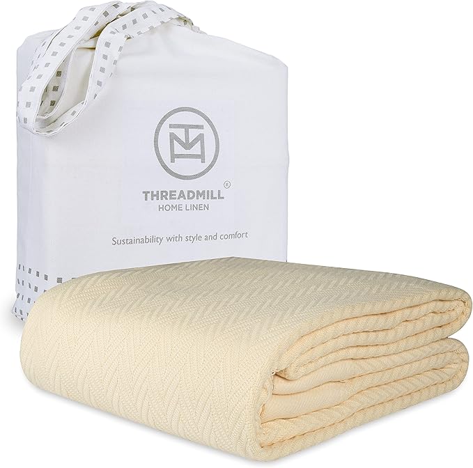 Threadmill Luxury Cotton Blankets for Queen Size Bed | All-Season 100% Cotton Queen Size Blanket | Herringbone Cozy, Soft Breathable Fall Thermal Blanket fits Full Size Bed | Vanilla Cream