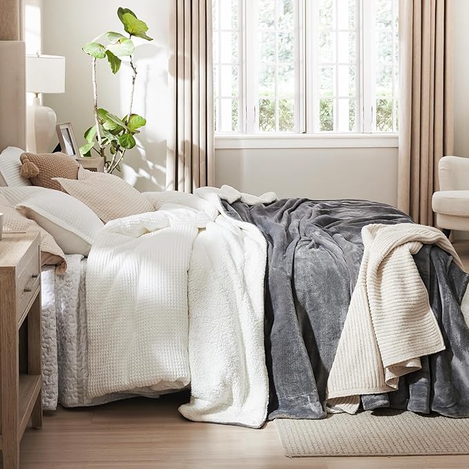 Bedsure GentleSoft Sherpa Fleece Blankets King Size for Bed - Thick and Warm, Soft Fuzzy Plush King Blanket for Winter, Grey, 108x90 Inches