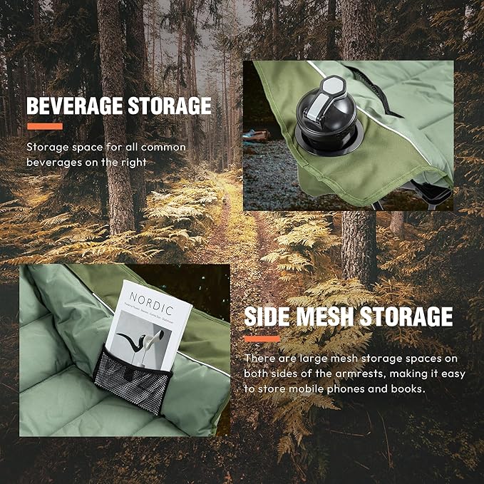 Dowinx Heated Camping Chair for Adults - Oversized Extra Large Folding Chair with Adjustable Padded Seat, Cup Holder, 400 lbs Capacity, Green