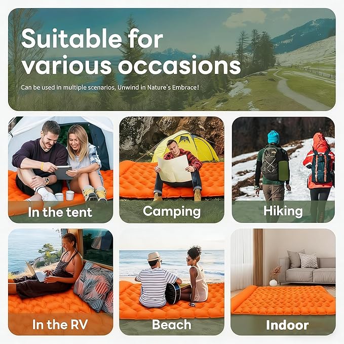 SNZ Camping Sleeping Pad, Ultralight Camping Mat with Pillow, Built-in Foot Pump Inflatable Sleeping Pads Compact for Backpacking, Tent, Travel, Outdoor Activities (Double)