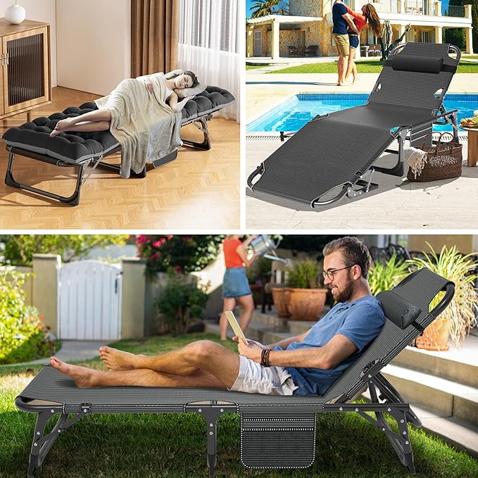 ABORON 3-in-1 Folding Patio Lounge Chair, 440LB Heavy-Duty Tri-Fold Guest Bed with Plush Cotton Cushion, No Assembly Adjustable Recliner for Office Nap, Patio Sunbathing, Poolside & Camping