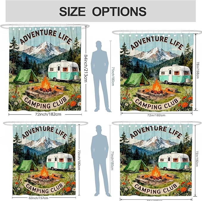 Mountain Shower Curtain, Outdoor Adventure Tent Campfire Summer Green Waterproof Fabric Design Print Bath Curtains for Bathroom Toile Guest Room Decor 72x78 Inch