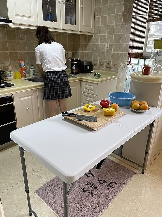 Folding Table 4-FootSmall White Plastic Utility Table Portable,Indoor and Outdoor Adjustable Height with HandleTable, Camping,Partyand Gathering
