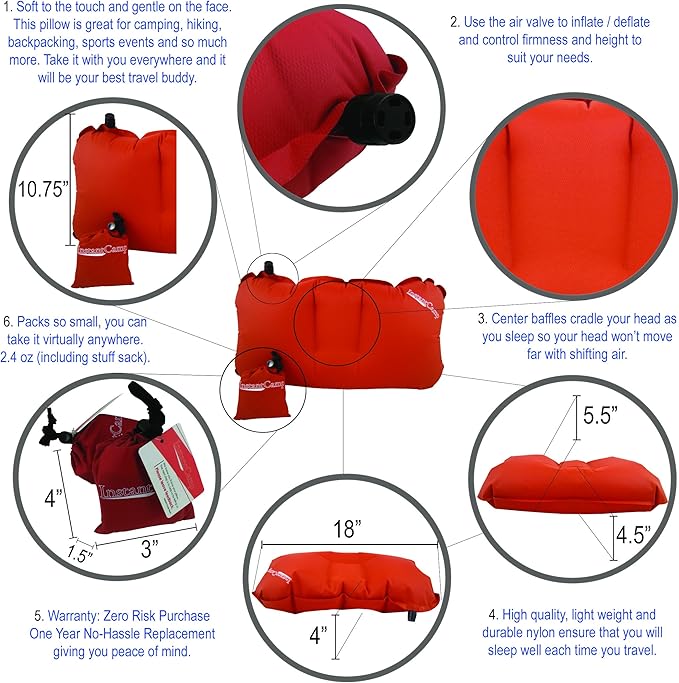 Ultralight Inflatable Backpacking Camping Pillow - Compact, Ergonomic, Durable for Lumbar Support, Camp, Traveling