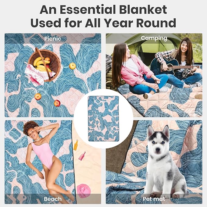 Waterproof Outdoor Blanket, 79" x 55" Large Packable Picnic Blankets, Foldable Picnic Mat for Park, Lawn, Grass, Beach, Concert (Abstract Line)