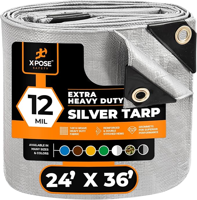 Heavy Duty Silver Poly Tarp 24' X 36' - Multipurpose Protective Cover - Durable, Waterproof, Weather Proof, Rip and Tear Resistant - Extra Thick 12 Mil Polyethylene - by Xpose Safety