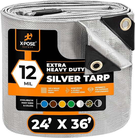 Heavy Duty Silver Poly Tarp 24' X 36' - Multipurpose Protective Cover - Durable, Waterproof, Weather Proof, Rip and Tear Resistant - Extra Thick 12 Mil Polyethylene - by Xpose Safety