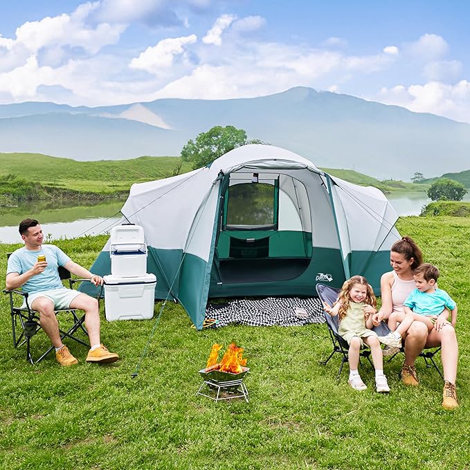 8/10/11 Person Camping Tent with Porch, Large Family Tents for Camping, PU1000MM Waterproof Tent with 5 Mesh Windows, Removable Rainfly, Reflective Windproof Rope, Big Dome Tent Fits 3 Queen Airbeds