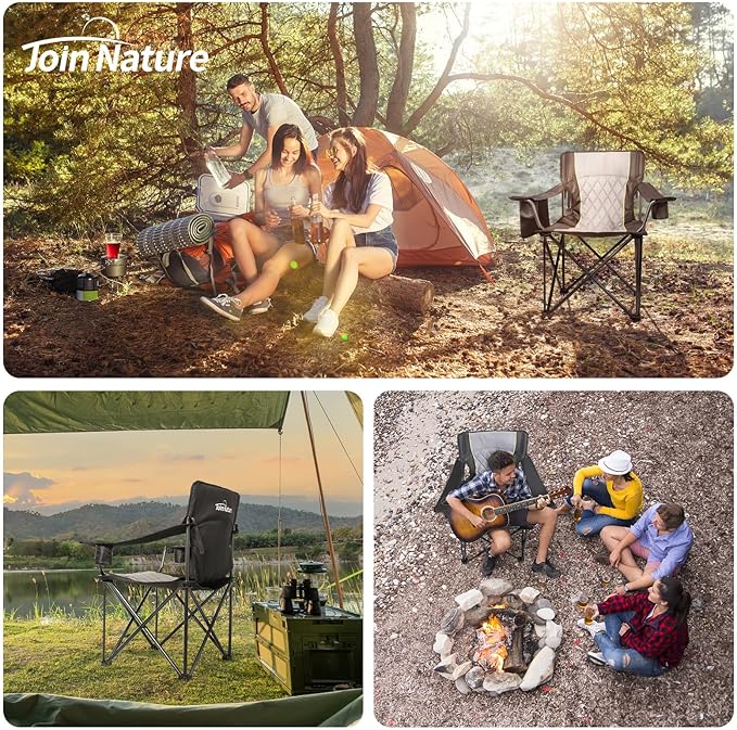 Outdoor Large Camping Chairs for Adults, Heavy Duty Camp Chair Support 800lbs, King Kong Folding Chairs with Padded and Pocket for Outside, Sports, Lawn, Built Durable and Reliable, Black