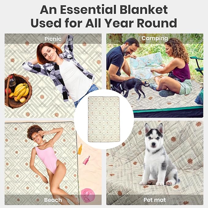 Waterproof Outdoor Blanket, 79" x 55" Large Packable Picnic Blankets, Foldable Picnic Mat for Park, Lawn, Grass, Beach, Concert (Boho Geometric)
