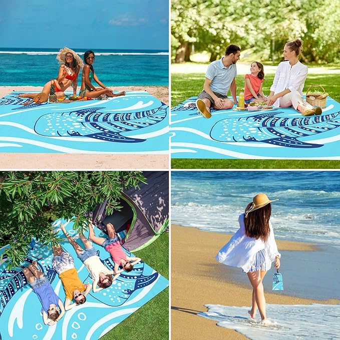 Beach Blanket Waterproof Sandproof, 9 Ft X 10 Ft Extra Large Sand Free Beach Mat, Big Compact Lightweight Quick Drying Picnic Blanket with 4 Stakes & Pockets for Camping, Travel, Hiking
