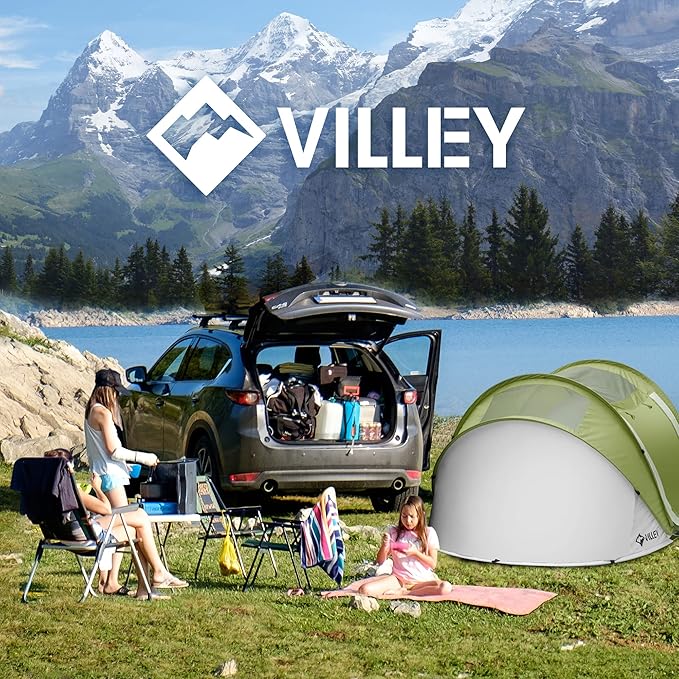 VILLEY 4 Person Easy Pop Up Tent, Waterproof Automatic Setup Instant Lightweight Camping Beach Tent with Carrying Bag for Camping, Hiking & Traveling