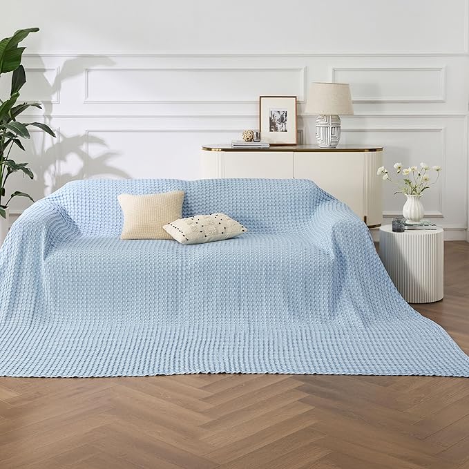 Bedsure Cooling Cotton Waffle Oversized King Blanket - Lightweight Breathable Rayon Derived from Bamboo for Hot Sleepers, Luxury Throws for Bed and Sofa, Blue, 120x96 Inches