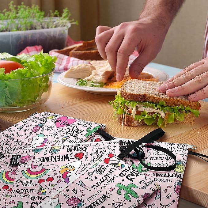 Nordic By Nature-Dual Layer Reusable Sandwich & Snack Bags – BPA-Free, Easy Clean, School Lunch Bags for Kids & Adults (Unicorns & Rainbows)