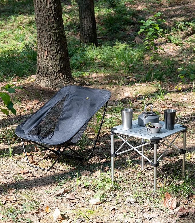 iClimb Low Ultralight Compact Camping Folding Chair with Side Pocket and Carry Bag (Black)