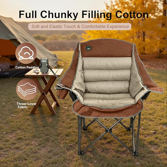 Northroad Oversized XL Padded Camping Chair w/Cell Phone Holder, Large Camp Chair, Foldable Lawn Chair w/Cup Holder,Carry Bag for Outdoor Hiking, Picnics, Heavy-Duty 400-lbs Capacity, Moca