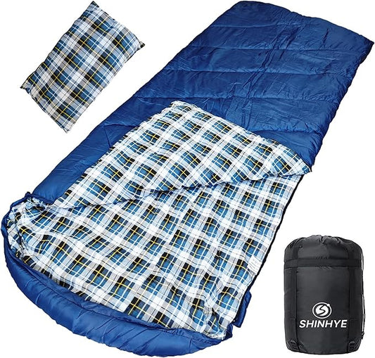 ShinHye 0 Degree Sleeping Bag for Adults - Cotton Flannel 4 Season Cold Weather Winter, XXL Big and Tall Camping Sleeping Bag with Compression Sack