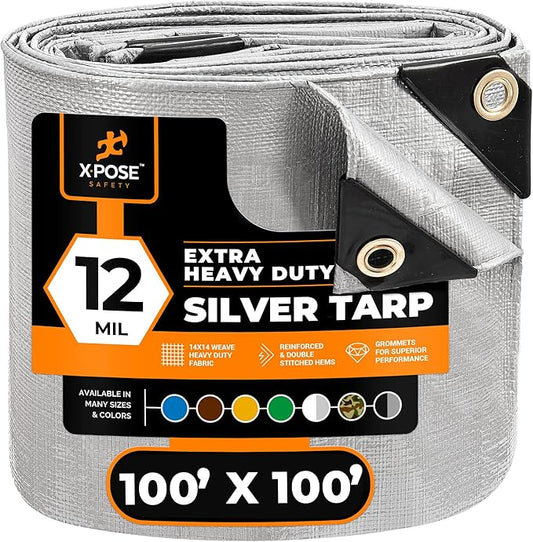 Heavy Duty Silver Poly Tarp 100' X 100' - Multipurpose Protective Cover - Durable, Waterproof, Weather Proof, Rip and Tear Resistant - Extra Thick 12 Mil Polyethylene - by Xpose Safety